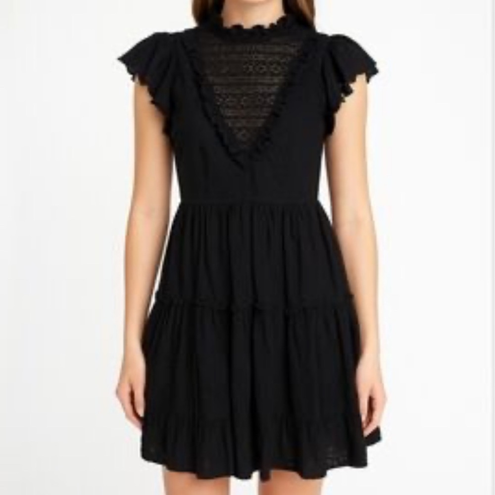 House of Harlow 1960 Black Lace Yoke Tiered Mini Dress